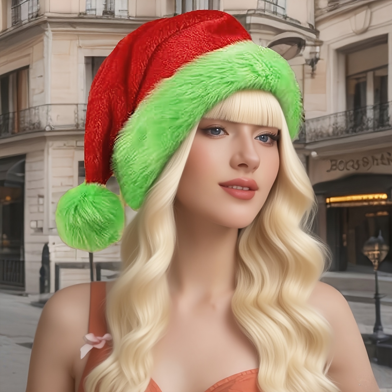 Santa Hat Plush - Fluoreszierend grün umrandete rote Weihnachtsmütze aus