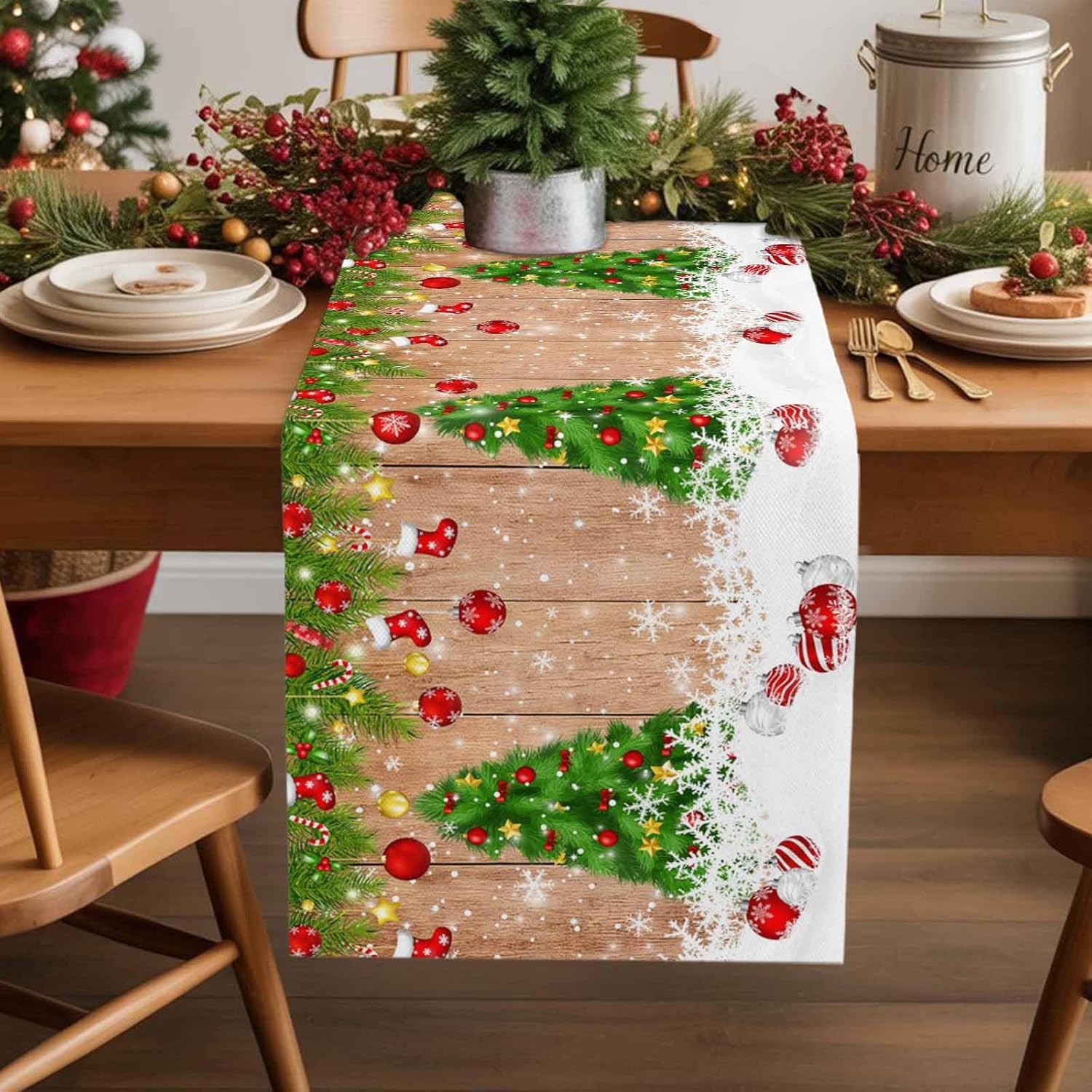Christmas Table Runner - Weihnachtsschneeflocken Weihnachtsbaum Holzmaserung Tischläufer Partydekoration Wiederverwendbarer