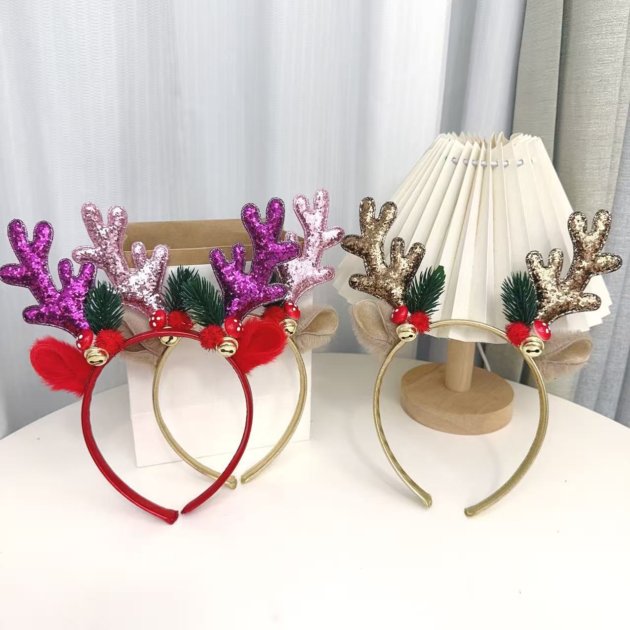 Reindeer Antlers Headband - Beliebte Glitzernde Rentiergeweih-Stirnbänder, Gold-Rote Weihnachts-Haarreifen, Festliches