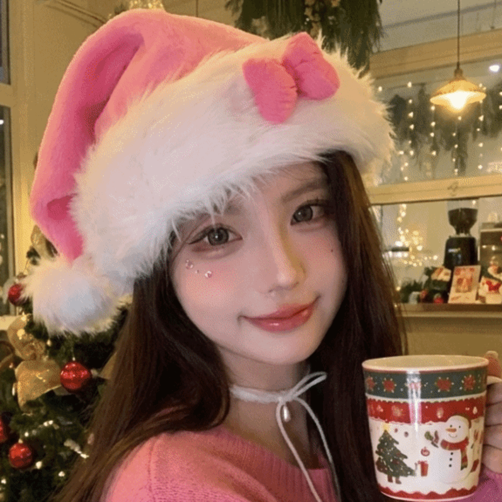 Santa Hat Plush - Schicke Sternmuster-Weihnachtsmütze mit rosa Schleife, flauschig,